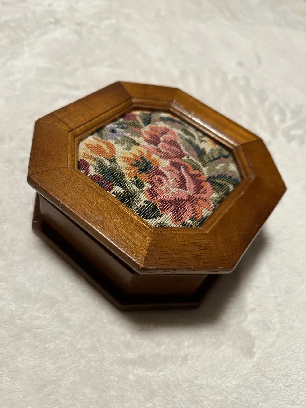 Vintage Wooden Octagon Jewelry Box with Mirror - Pink Interior